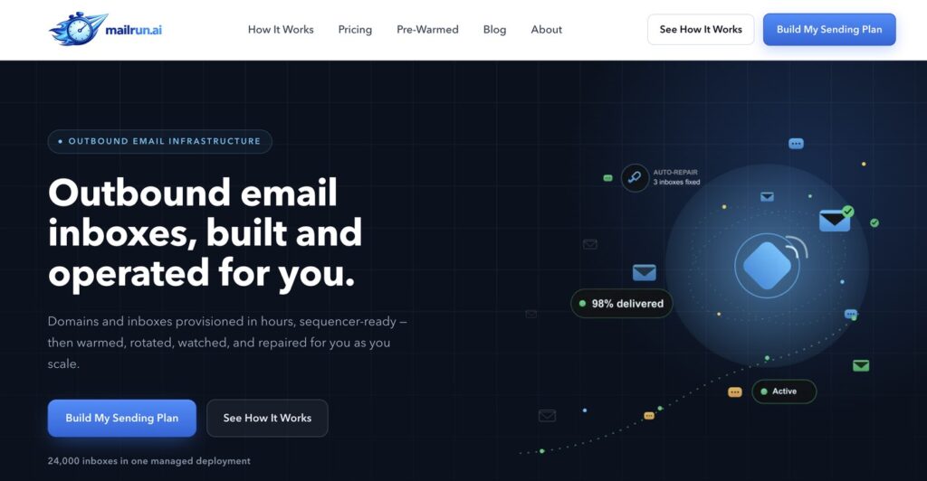 Mailrun homepage showing Azure outbound email inboxes provisioned and operated for you