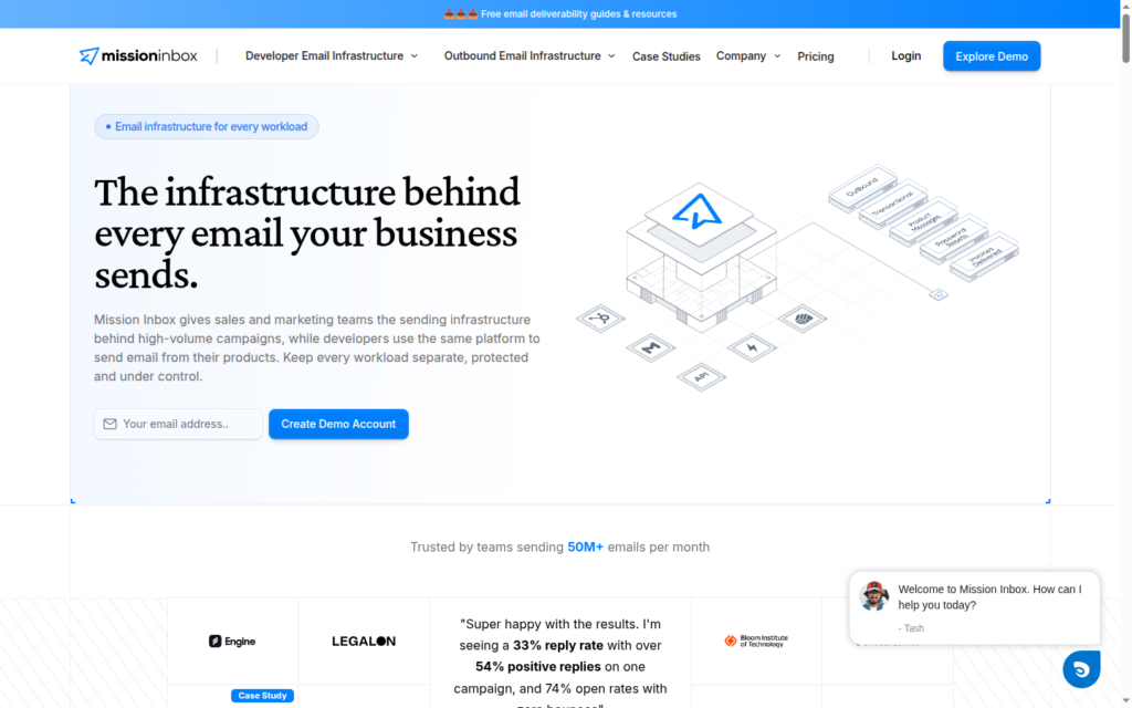 Mission Inbox homepage: isolated dedicated IPs and per-customer Cubes for cold email