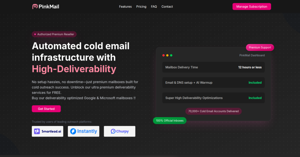 PinkMail homepage: Google, Microsoft, and shared infrastructure mailboxes