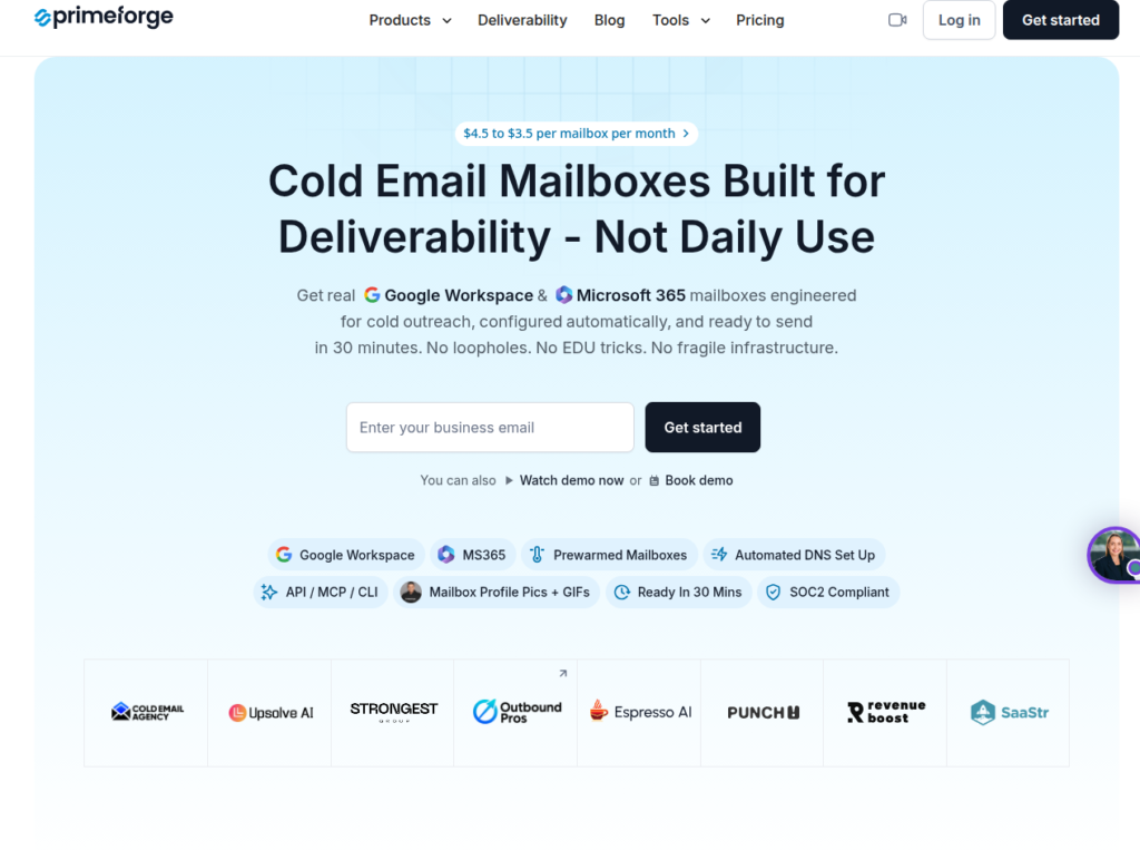 Primeforge homepage for cold outreach mailboxes