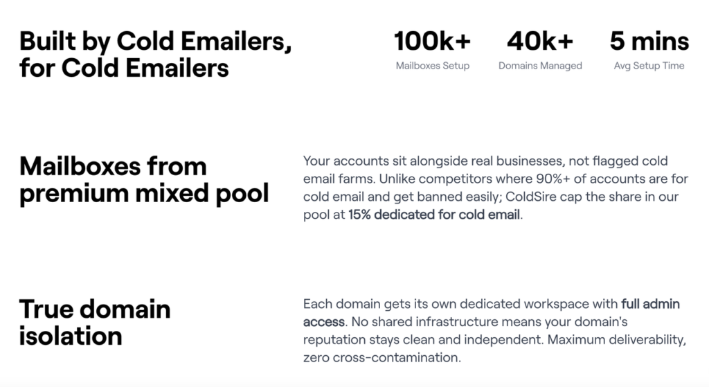 ColdSire features section describing a premium mixed pool of mailboxes and per-domain admin isolation.