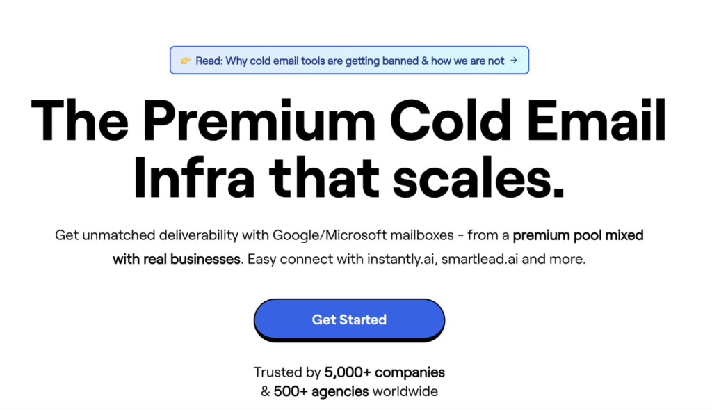 ColdSire homepage promoting premium cold email infrastructure with Google and Microsoft mailboxes from a mixed pool.