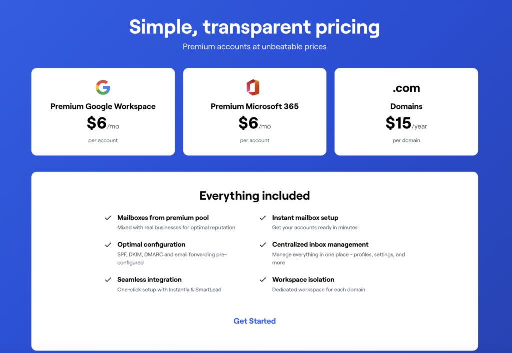 ColdSire pricing page showing $6 Google and Microsoft mailboxes and $15 per domain.
