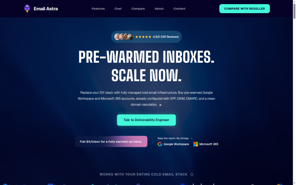 Email Astra homepage: pre-warmed inboxes, scale now, flat $5 pitch