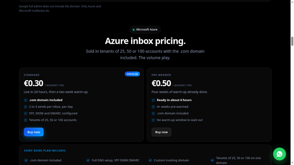 FrostMailer Azure pricing showing 0.30 euro per account standard and 0.50 euro pre-warmed, in tenants of 25, 50 or 100 accounts.