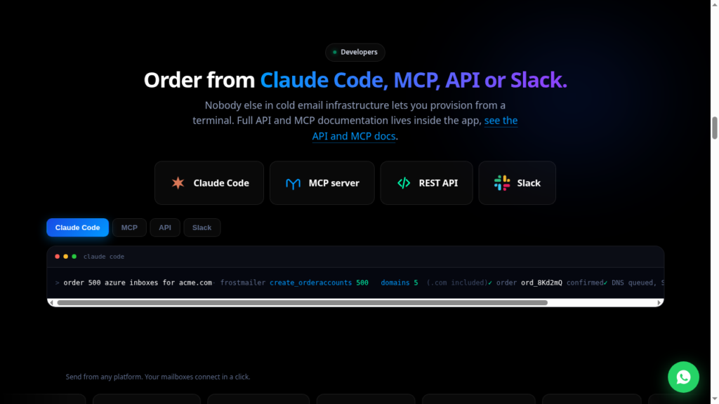 FrostMailer developer panel offering ordering from Claude Code, an MCP server, the REST API and Slack.