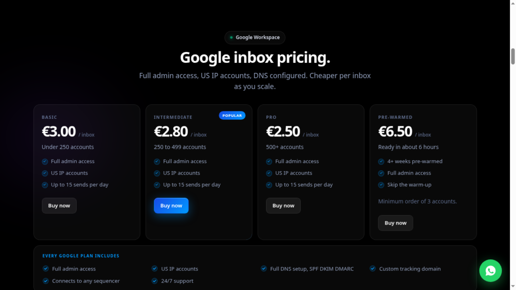 FrostMailer Google Workspace pricing tiers at 3.00, 2.80, 2.50 and 6.50 euro per inbox with 15 sends a day.