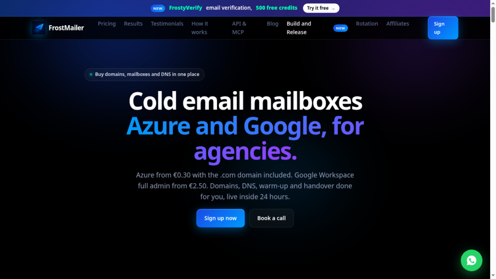 FrostMailer homepage advertising Azure mailboxes from 0.30 euro and Google Workspace from 2.50 euro.