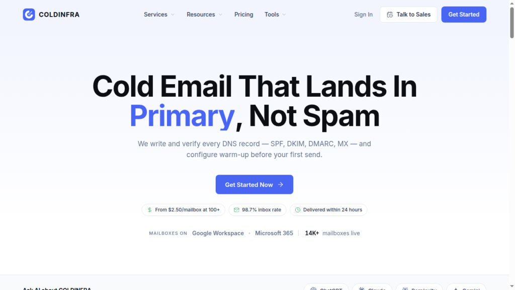 ColdInfra homepage pitching primary-inbox delivery from $2.50 a mailbox.