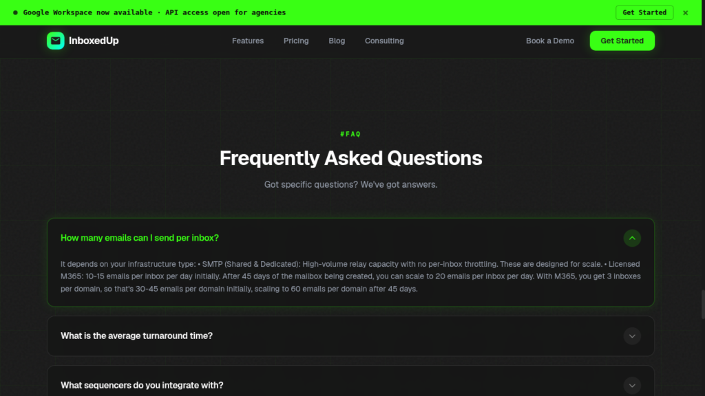 InboxedUp FAQ explaining SMTP versus M365 sending limits and 3 inboxes per domain.