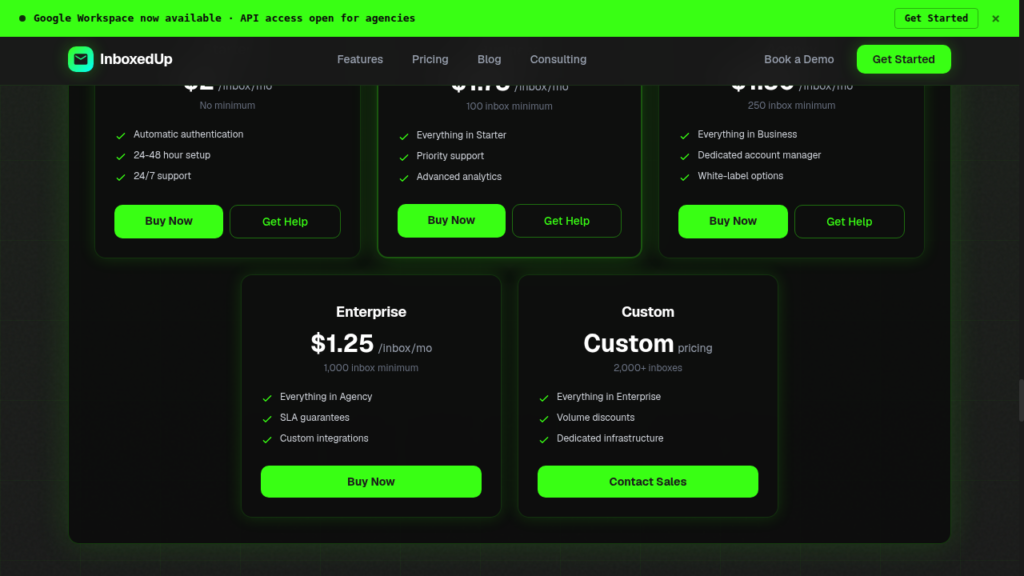 InboxedUp shared SMTP pricing tiers, with Enterprise at 1.25 dollars per inbox and a Custom tier.
