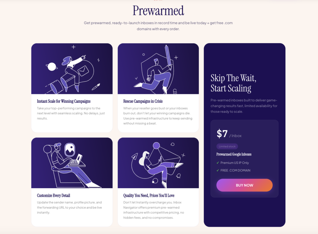 Inbox Navigator prewarmed Google inboxes at $7 per inbox: premium US IP only, free .com domain