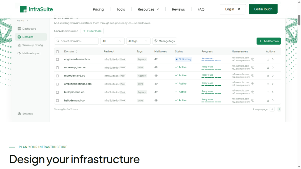 InfraSuite client portal domains table listing 49 mailboxes per domain, with a Warm-up Config menu item.