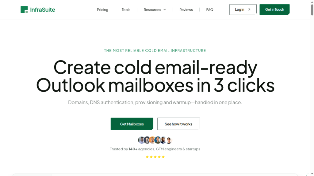 InfraSuite homepage headline: Create cold email-ready Outlook mailboxes in 3 clicks.