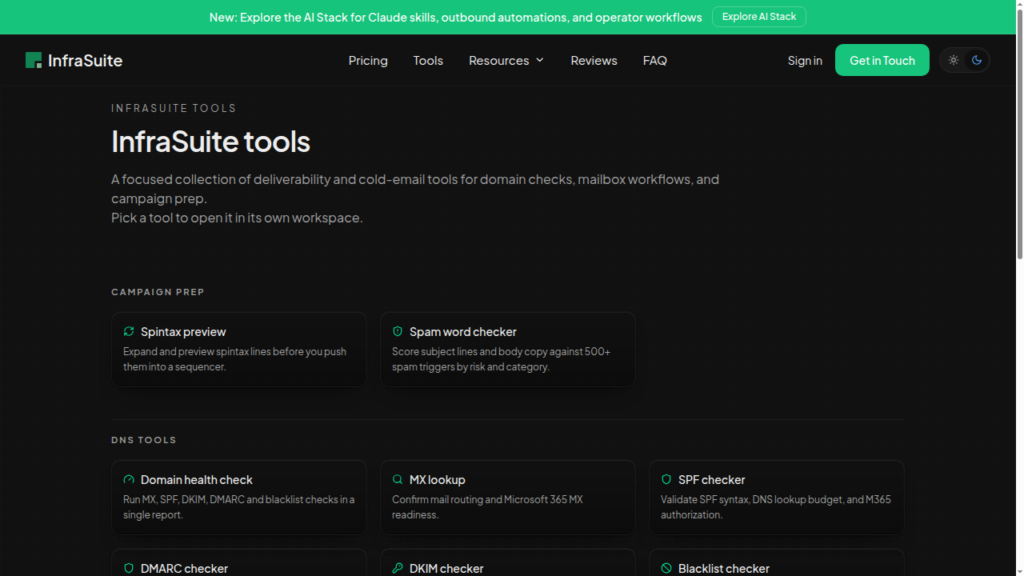InfraSuite tools hub listing spintax preview, spam word checker, domain health check, and DNS tools.