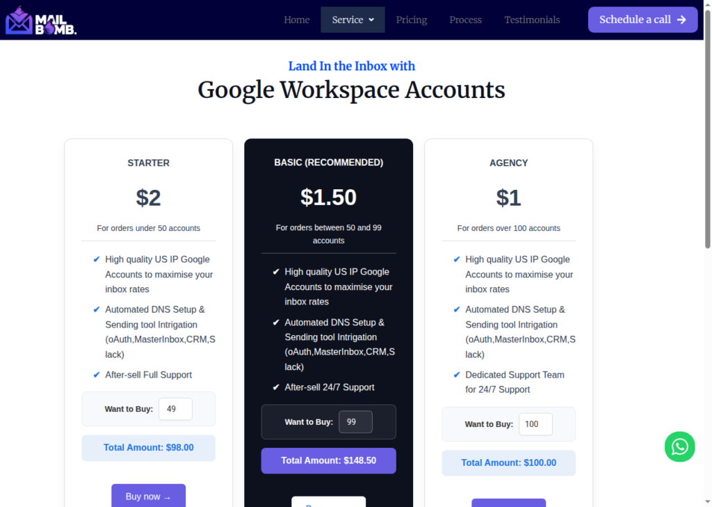 MailBomb Google Workspace page describing US IP Google accounts and bulk per-account pricing.