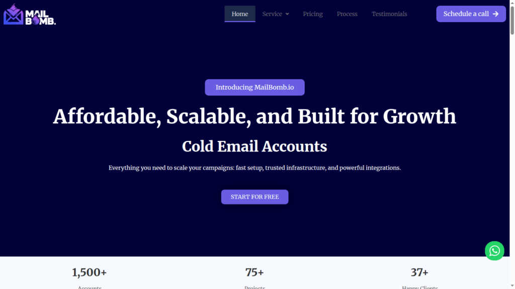 MailBomb homepage: affordable, scalable cold email accounts with fast setup.