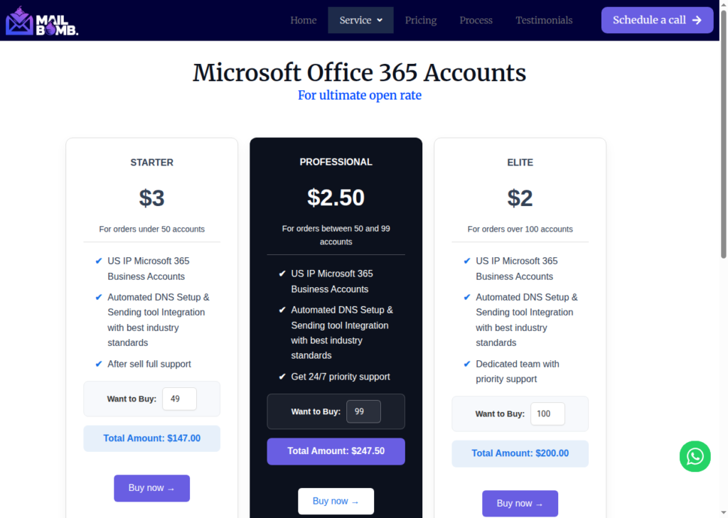 MailBomb Microsoft 365 page listing per-account pricing tiers for resold Outlook inboxes.