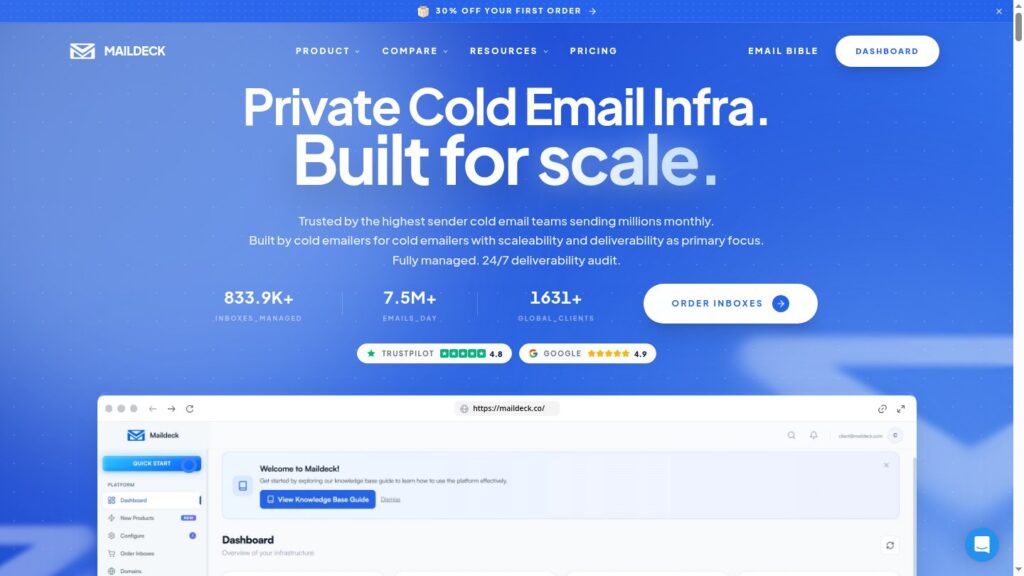 MailDeck homepage pitching private cold email infrastructure built for scale.