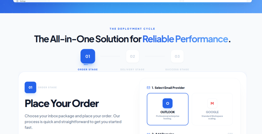 MailDeck order stage: select Outlook or Google, then add your domains.