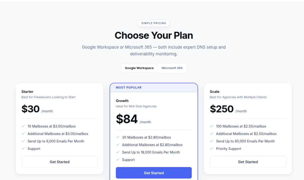 ColdInfra Starter, Growth, and Scale pricing tiers on Google or Microsoft.