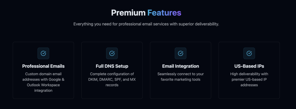 PureMail premium features section listing professional emails, DNS setup, integration, and US-based IPs.