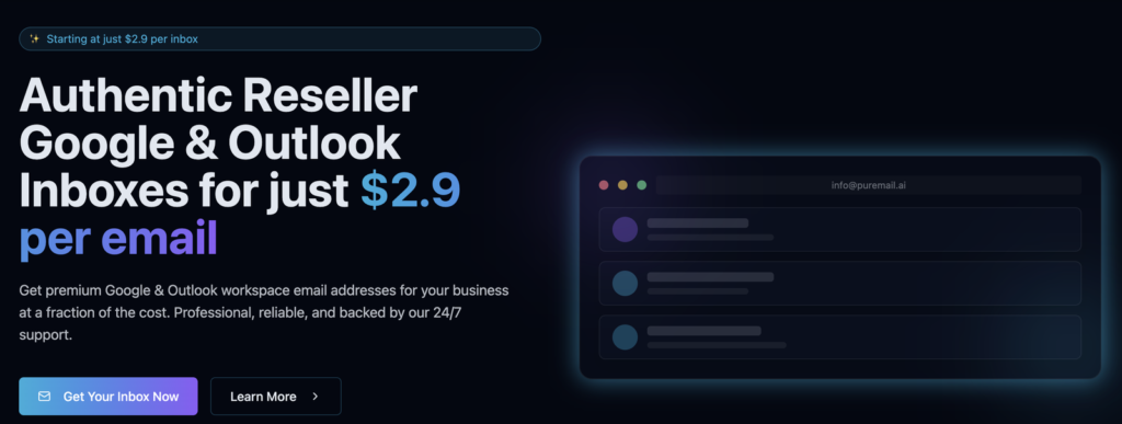 PureMail.ai homepage showing Google and Outlook reseller inboxes from $2.9 per inbox.