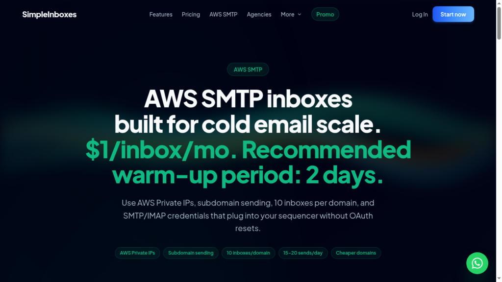 SimpleInboxes AWS SMTP page stating $1 per inbox per month, a 2-day recommended warm-up, and 10 inboxes per domain.