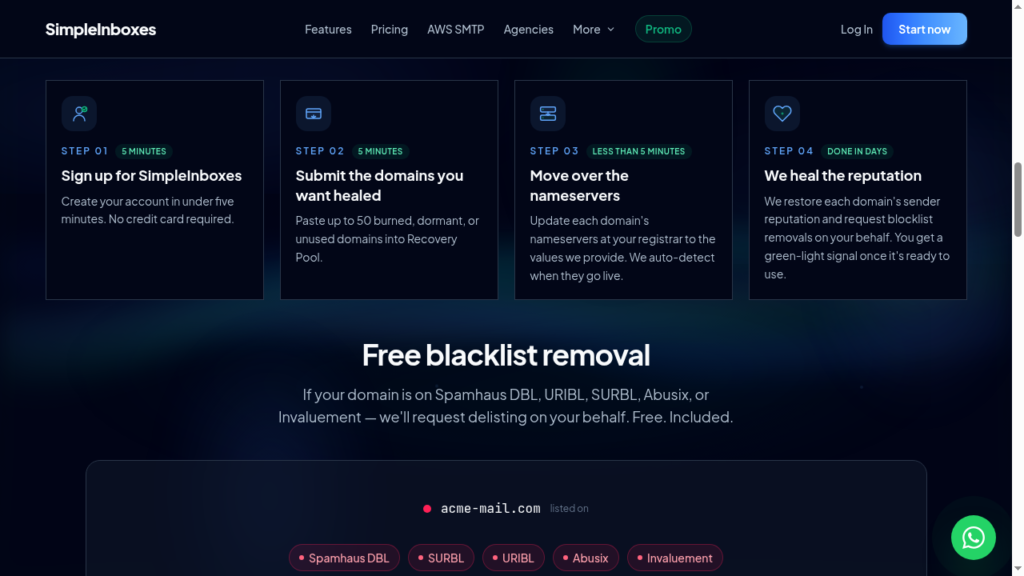 SimpleInboxes domain recovery page showing four setup steps and a free blacklist removal offer.