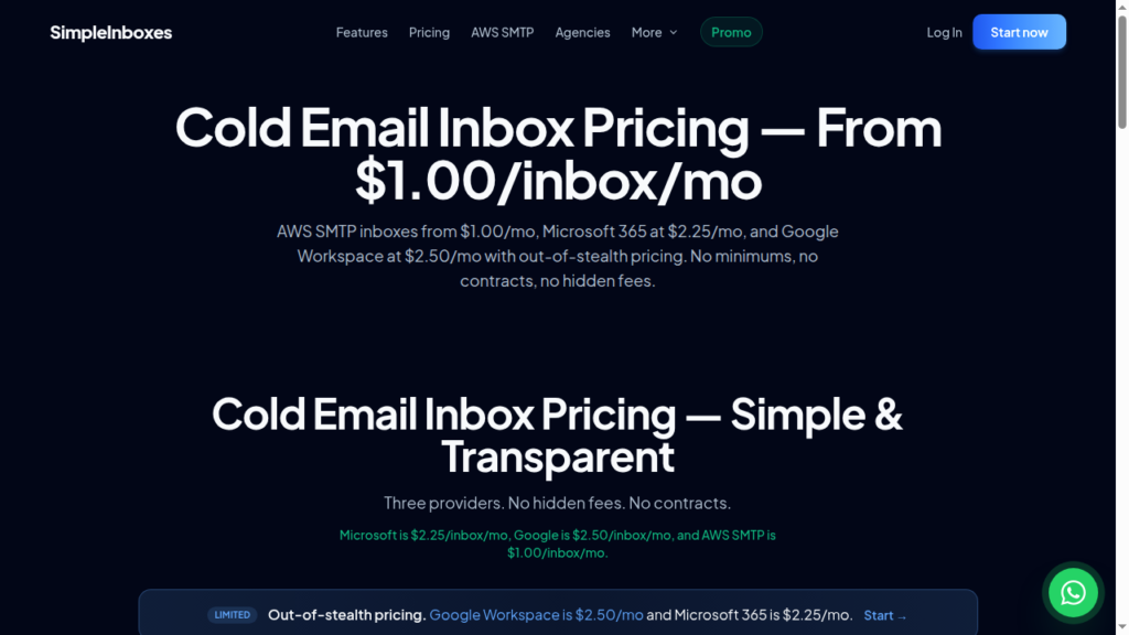SimpleInboxes pricing page showing per-inbox monthly prices for AWS SMTP, Microsoft 365, and Google Workspace.