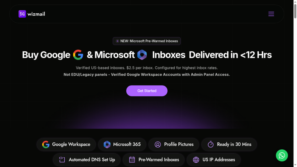 WizMail homepage leading with $2.5 inboxes and US IP addresses.