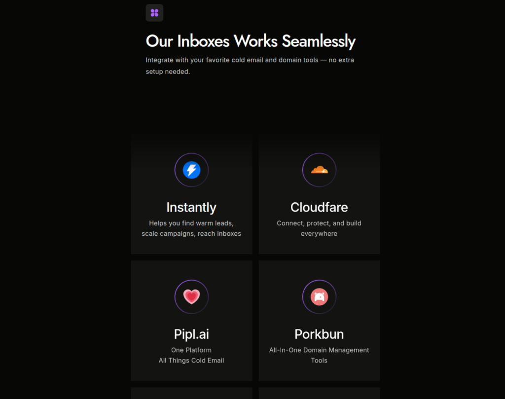 WizMail integrates with Instantly, Cloudflare, Pipl.ai, and Porkbun.
